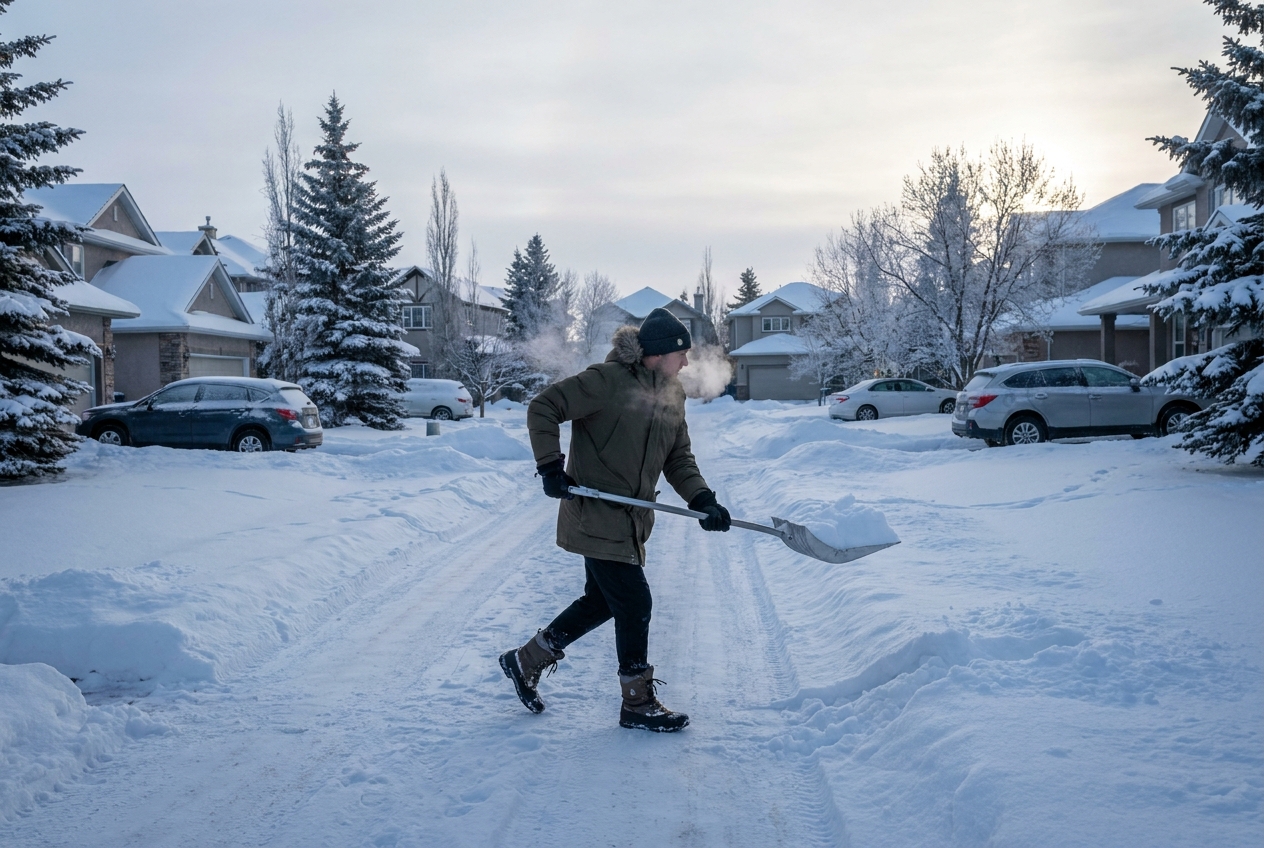 A freshly cleared Calgary driveway with deep snow banks piled to the sides, salt visible on the surface, suburban houses in background, blue winter morning light