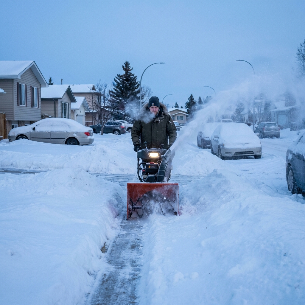 A snow blower mid-operation on a Calgary residential sidewalk, deep fresh snow, breath visible in cold morning air
