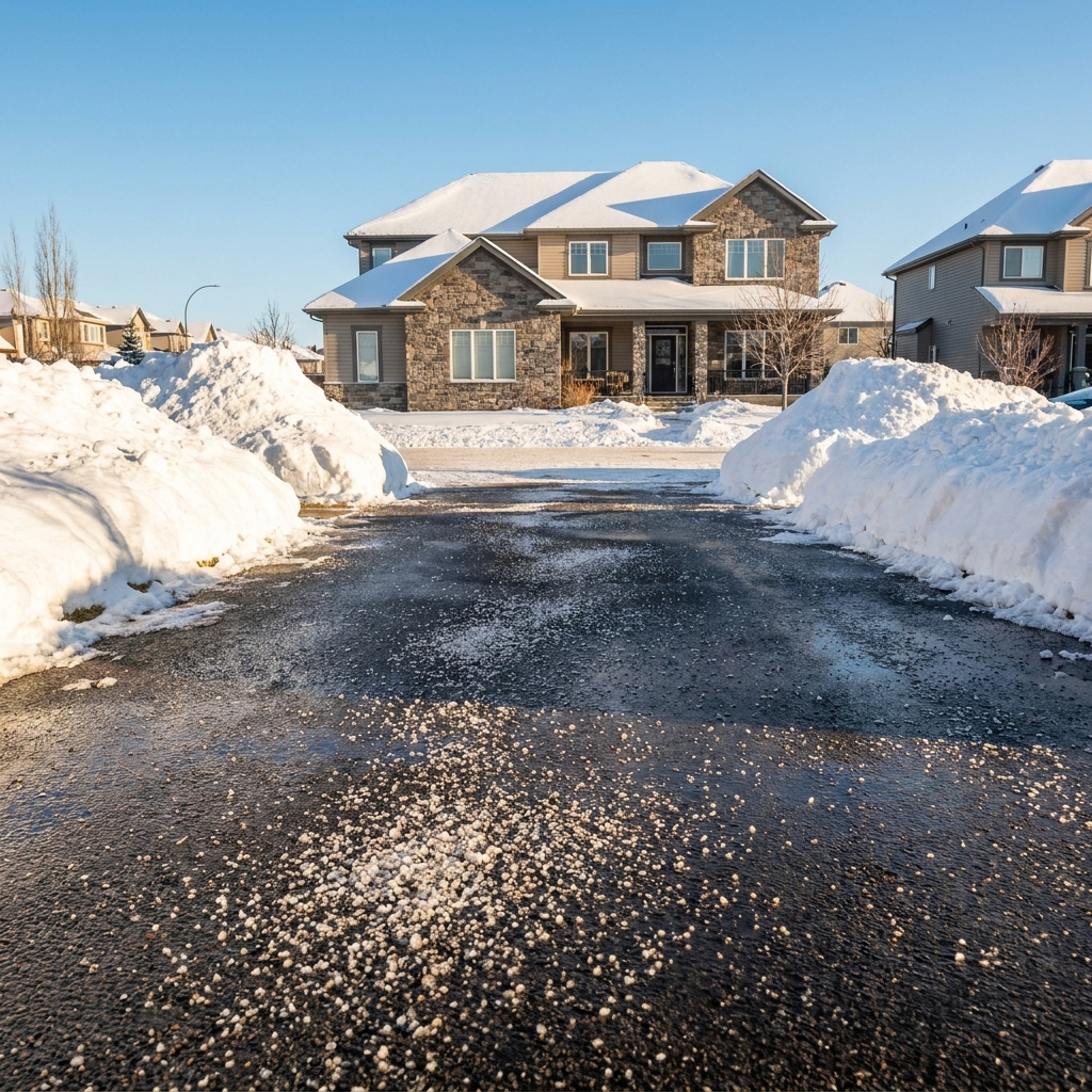 A gloved hand holding salt or ice melt granules over a freshly cleared Calgary driveway, worker’s boots visible, cold winter morning, close-up detail shot